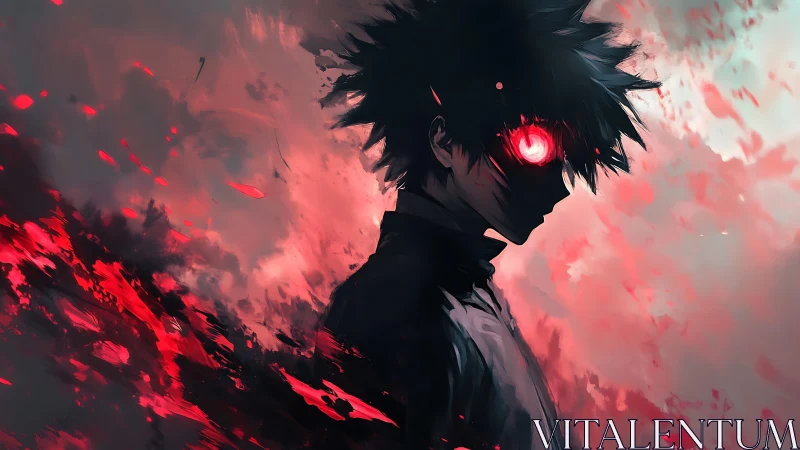 Dark anime figure with glowing red eye stands in swirling mist