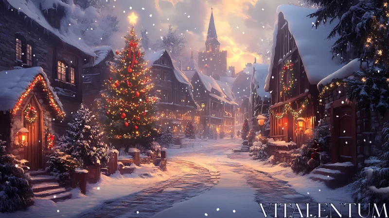 Snowy village street glows with cozy Christmas lights