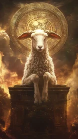 Holy lamb enthroned before a blazing celestial halo