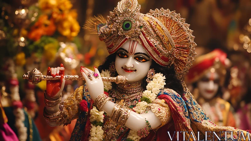 Flute-bearing deity glows amid cascading marigold fire