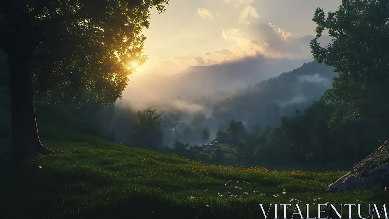 Sunlit mountain valley glows through mist and deep trees.