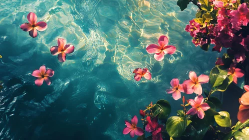 Tropical Flowers Floating in Crystalline Pool Water. Caustic Patterns