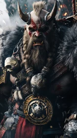 Horned warlord roars in bloodstained fur and iron armor.