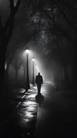 Silhouetted person walks alone on wet foggy park path