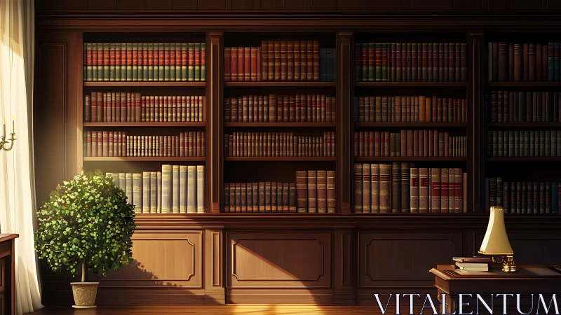 Sunlit classical home library with paneled shelving and decor.