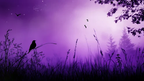 Purple atmospheric forest silhouette with birds in layered fog