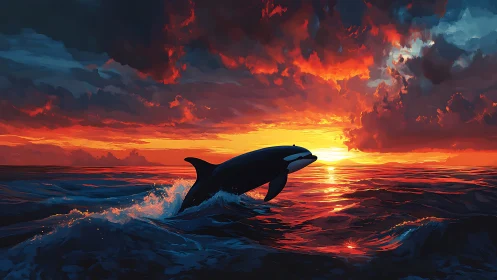 Orca silhouette leaping across blazing ocean sunset sky.