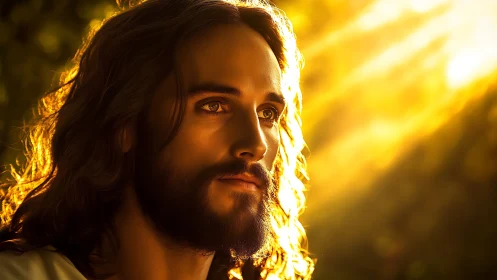 Gentle bearded figure glowing in soft golden sunlight.
