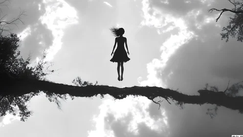 Silhouette girl quietly levitates above a sky-suspended branch
