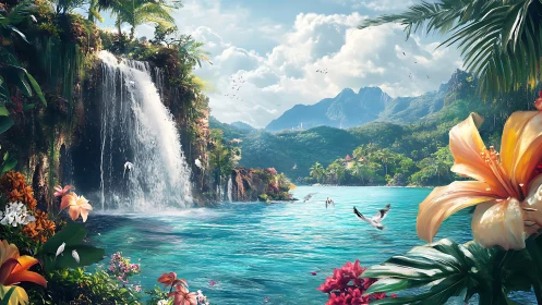 Tropical waterfall paradise unfolds in lush, radiant detail.