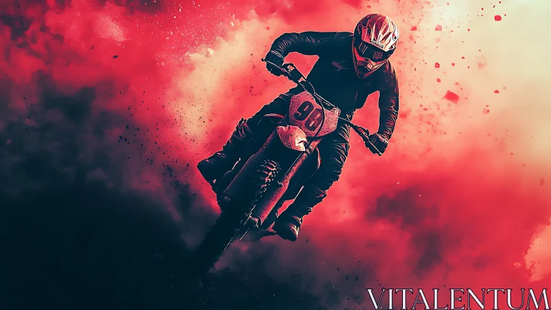 Motocross rider cuts through red dust cloud at speed.