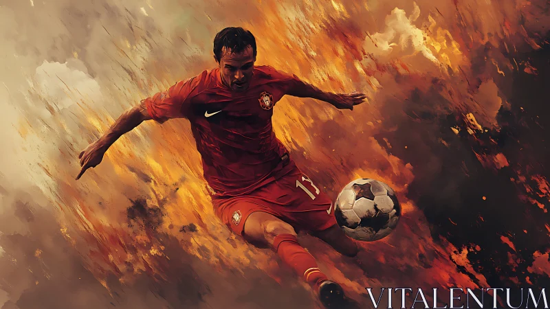 Dynamic football striker in fiery digital motion burst.