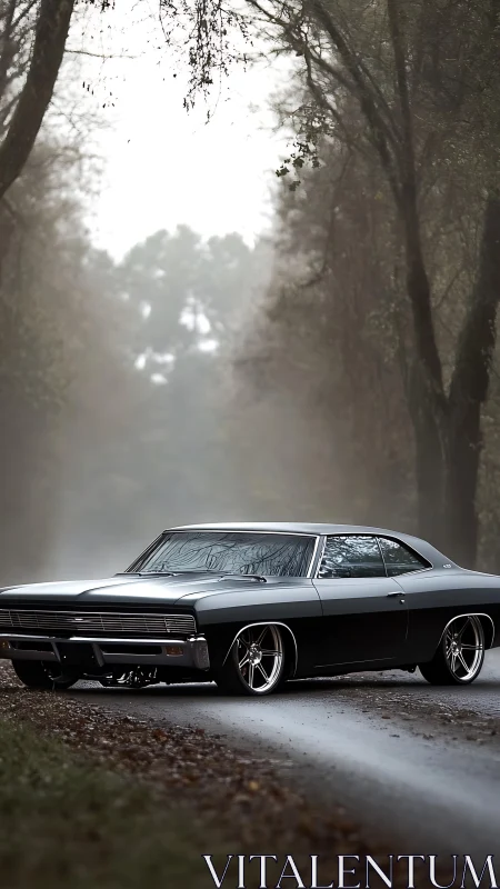 Low-slung classic muscle car on misty forest road with custom stance