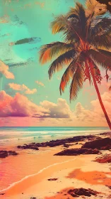 Tropical beach scene with palm tree and seascape composition