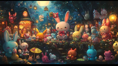 Moonlit bunny village gathers for a cozy lantern festival.