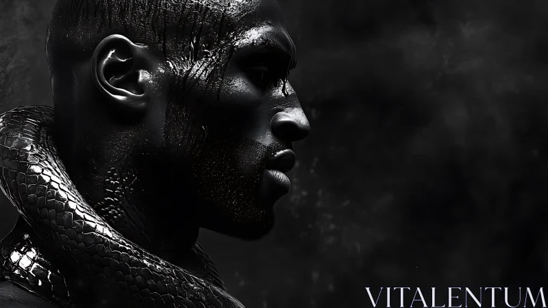 Dark profile portrait entwined with a glossy serpent.