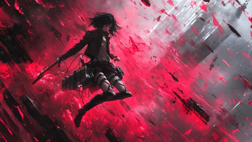 Stormborne warrior dives through a scarlet-shattered sky.