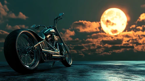 Custom motorcycle on wet ground under full moon sky.