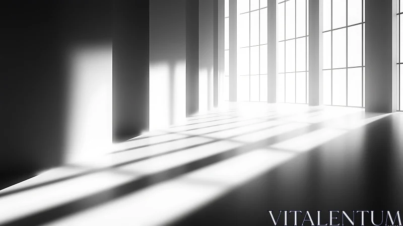 Minimalist gallery interior with strong linear daylight shadows.