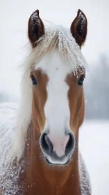 Chestnut horse portrait in winter snow with frosted forelock