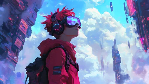 Cyberpunk dreamer gazes toward neon cloud city skyline.