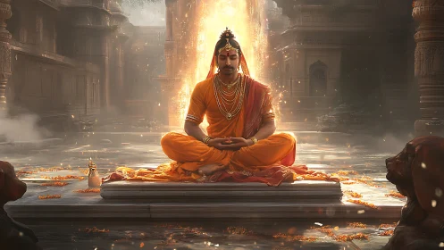Serene royal meditator glowing in golden temple calm.