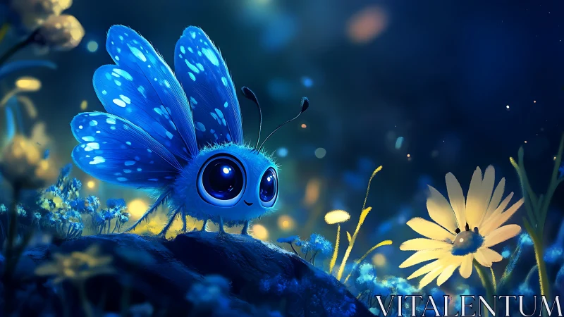 Luminescent blue butterfly-creature in nocturnal flower glade.