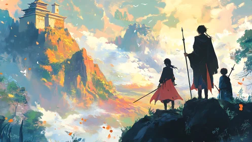 Fantasy warriors overlooking mountain temples at dawn.