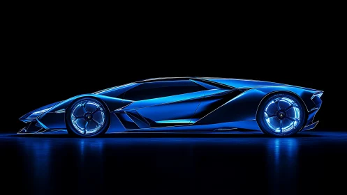 Futuristic blue sports car in profile with illuminated wheels