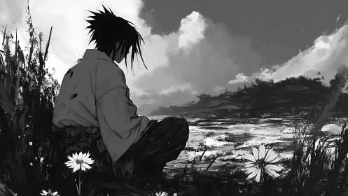Solitary anime figure beside monochrome lakeside flowers.