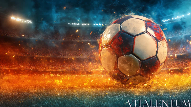 Burning soccer ball collides with turf under stadium floodlights