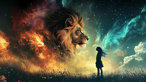 Silhouetted figure facing celestial lion in divided sky scene.