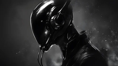 Dark chrome cybernetic figure in profile against smoke.