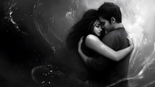 Two figures embrace within swirling darkness and ethereal light