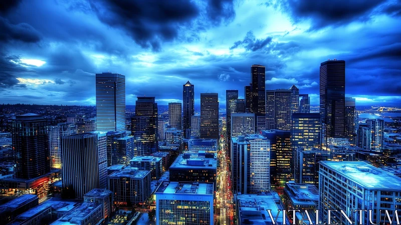 Storm-lit blue hour skyline captures vivid downtown city core