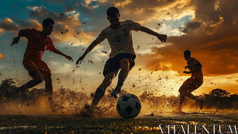 Sunset soccer duel splashing through golden muddy ground.