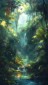 Volumetric light penetrates dense rainforest canopy over reflective stream