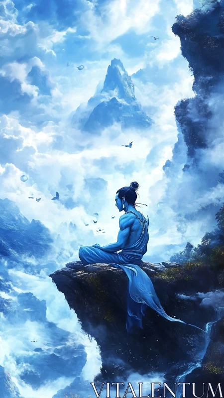 Skyborne sage in sapphire robes above the cloud ocean.