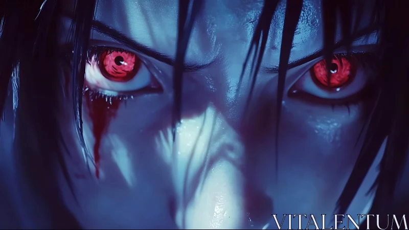 Intense close-up of red-eyed anime character in shadow.