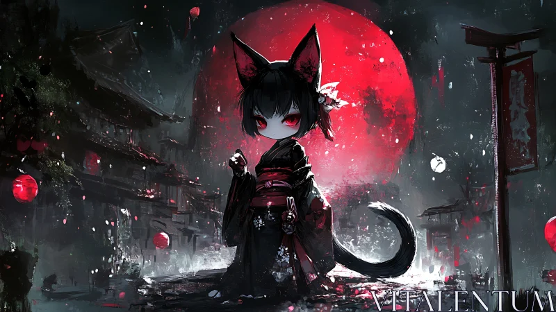 Digital painting of dark neko shrine maiden under blood moon.