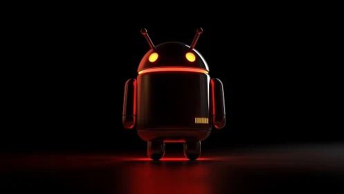 Black android robot with red neon glow on dark background.