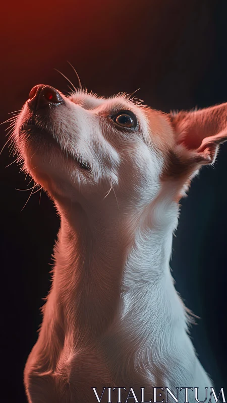 Small dog portrait under red and blue studio lighting.