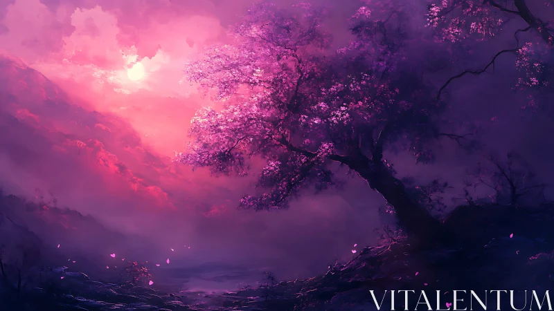 Twilight cherry tree leans over misted valley in magenta light