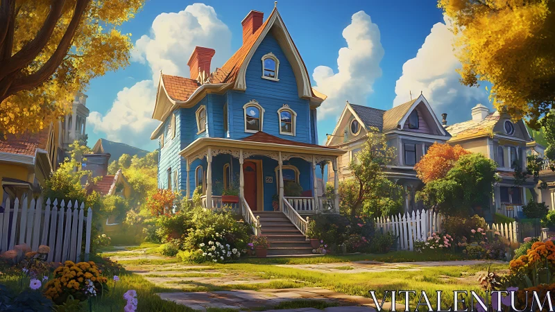 Blue Victorian house stands centered in bright suburban street