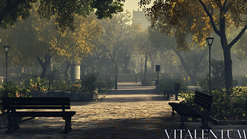 Morning hush braids golden mist through the quiet city park