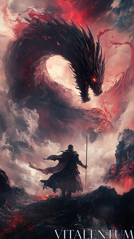 Armored lone warrior confronts colossal infernal dragon