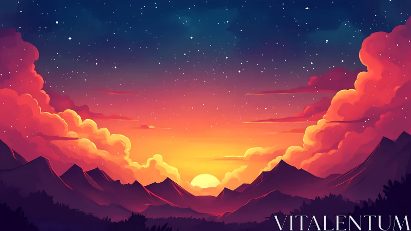 Vibrant stylized mountain sunset with glowing cloudscape.