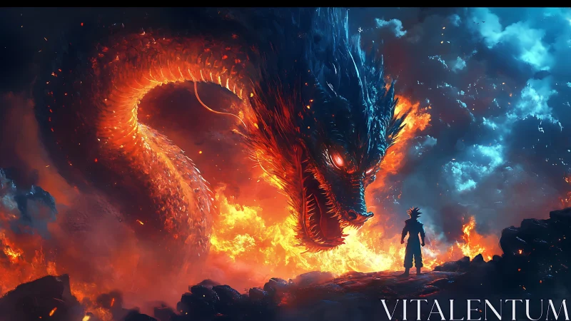 Inferno crowned dragon confronts lone storm-born warrior.