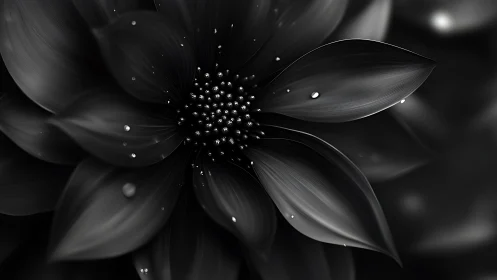 Black and white macro photograph of cosmos flower stamens with water droplets