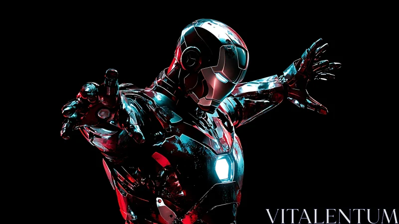 Armored superhero in dynamic pose on dark black background.